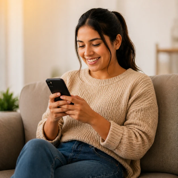 Persona gestionando su trámite online desde casa con el móvil.